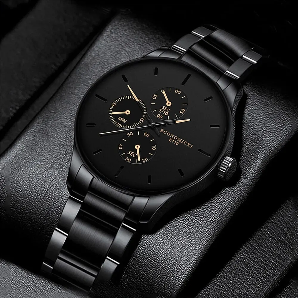 3Pcs Men\'s Casual Simple Business Three-eye Digital Pointer Steel Band Quartz Watch Fashion Luxury Necklace Bracelet Set