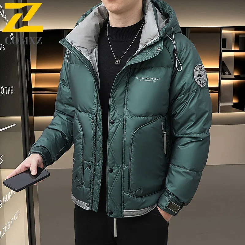 COMXZ Men Down Jacket 2025 Trendy Hooded Collar Commute Office Lightweight Puffer Coat Trendy Leisure Business Warm Winter Coat