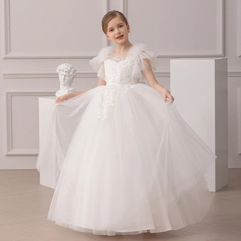 

Elegant Girls White Flower Embroidery Lace Princess Dress For Teens Birthday Wedding Party First Communion Performance Maxi Gown