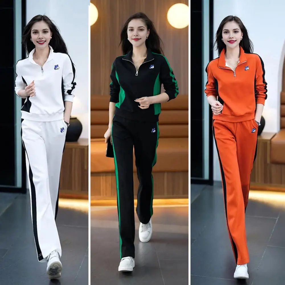 Stand-up Collar Tracksuit Stylish Women's Sportswear Set Color Matching Zippered Stand Collar Sweatshirt Wide Leg for Casual