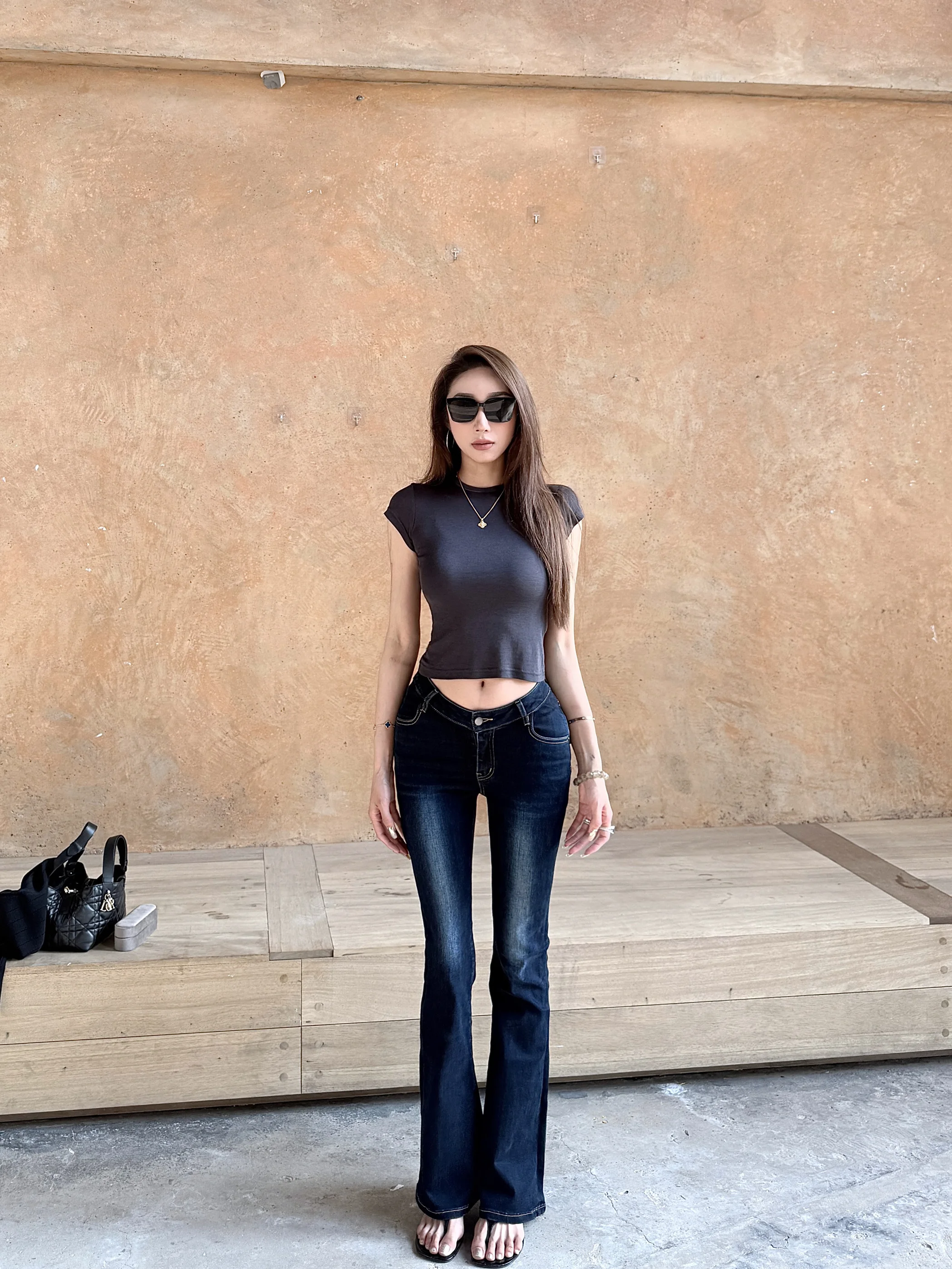 

Deep Blue Self-Waisted Boo Enhancing Jeans High Waist Slimming Waed Micro Flared Long Trousers Cotton Stretch Denim