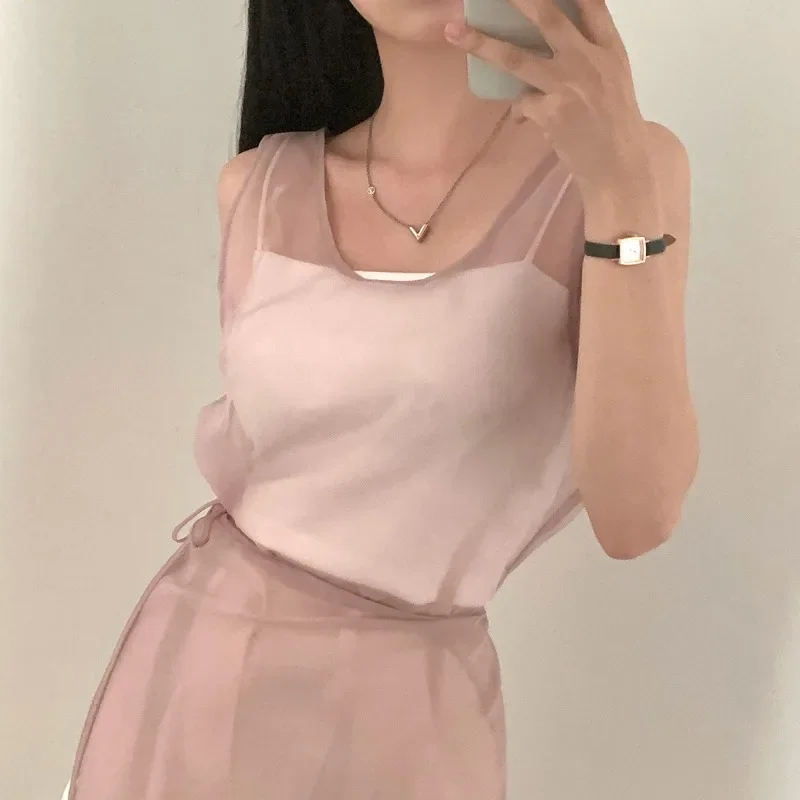 Bandage Bow Tunic Vestidos Elegantes 2024 Woman Dresses Korean Ins Apron Dress Mesh Tank Vestido Mujer Summer Chic Robes