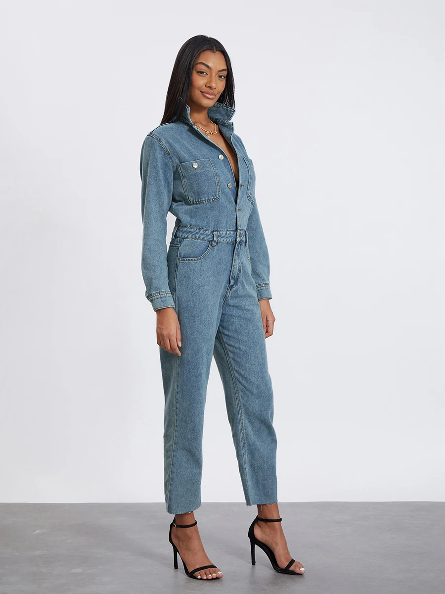 Damen-Jeans-Overall mit Gürtel, einfarbigen Knöpfen, Umlegekragen, langer Denim-Playsuit in voller Länge, Jeans, Strampler, Overalls