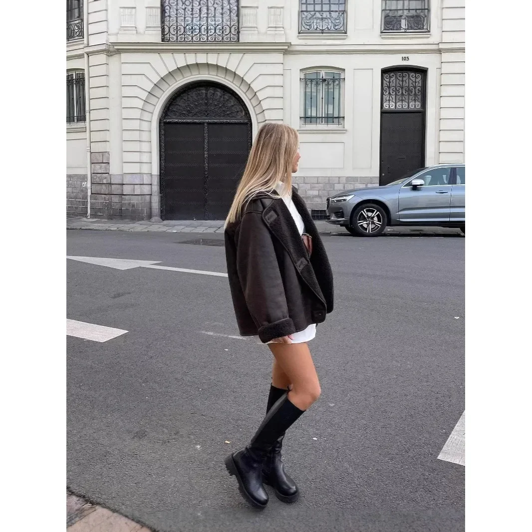 

Women's Light Brown Gold Embossed Women's Fashion Outerwear Coat New Autumn Winter Double-Sided Leather And Fur Jacket