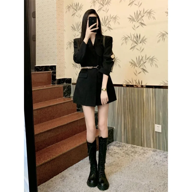 Fashion Womens Dresses Notched Neck A-line Slim Fit Black Dress High Waist Lace-up Autumn and Winter New Dresses for Women 2023