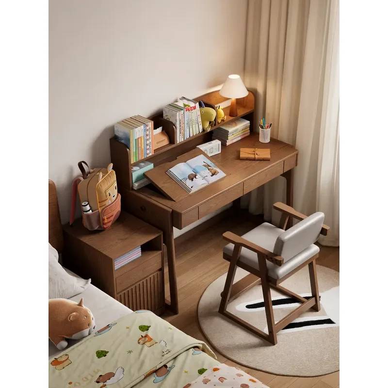 Adjustable Solid Wood Kids Desk with Bookshelf Liftable Student Learning Table for Bedroom Home Study Furniture SZ068