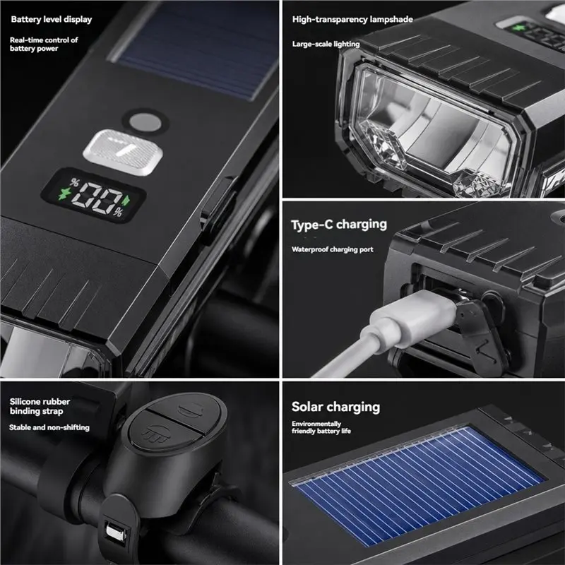 ABXI Bike Light With LCD Display Solar-Powered Horn Headlight For Cycling For Night Road And Urban Commuting