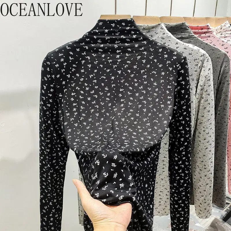 

OCEANLOVE тонкая футболка для женщин весна осень с цветочным принтом и полувысоким воротником Ropa De Mujer корейские модные базовые тонкие майки