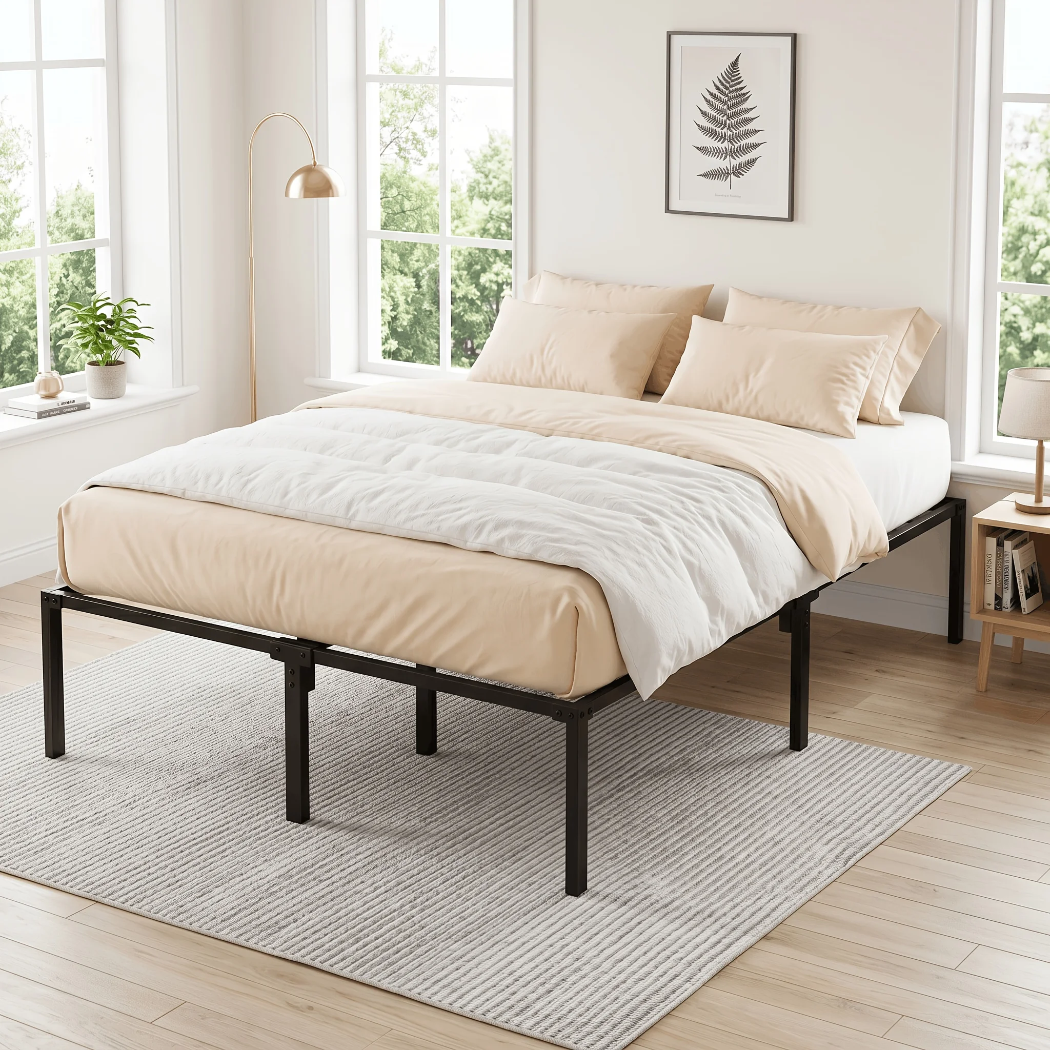 14-inch-high, Sturdy Metal Bed Frame With Extra-large Under-bed Storage Space; Available InMultiple Sizes; Accommodates Storage