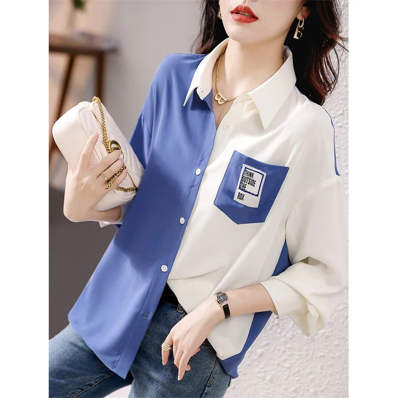 Woman Spring Autumn Style Blouses Shirts Lady Casual Long Sleeve Turn-down Collar Patchwork Printed Blusas Tops DF4852