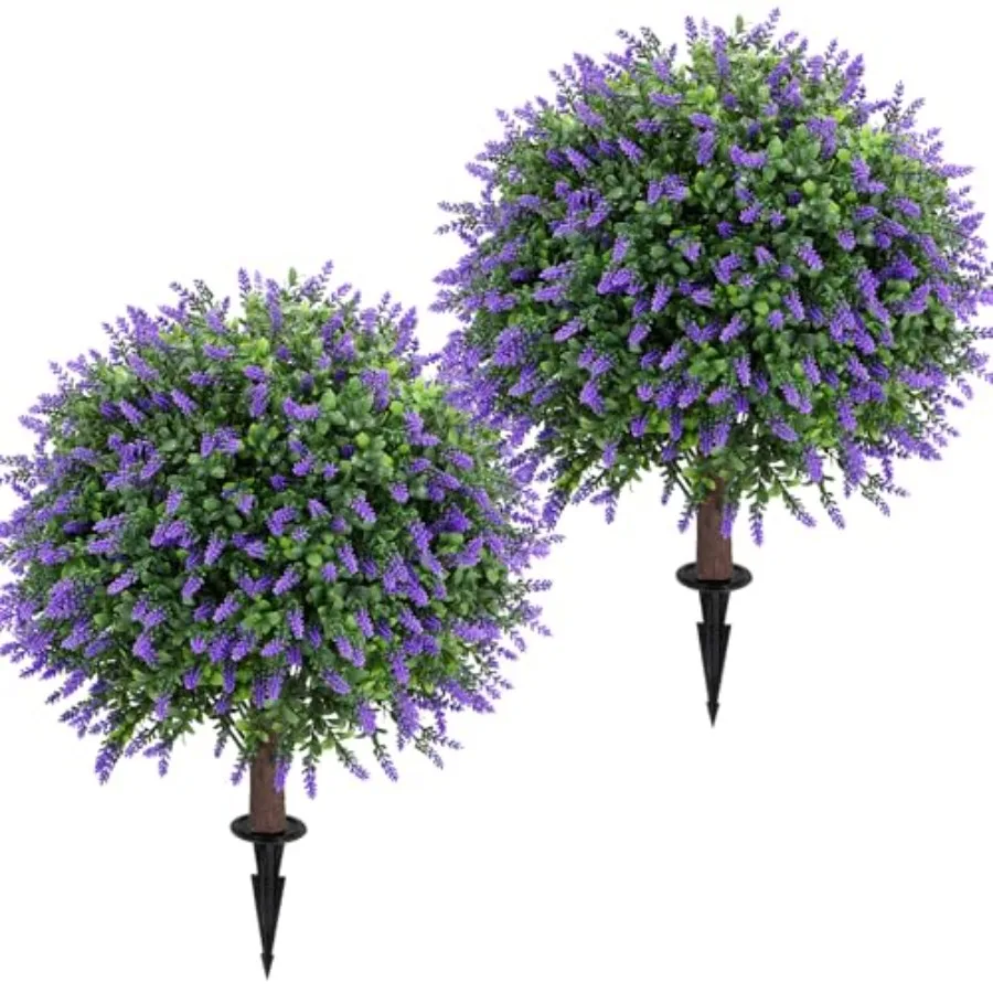 

Artificial Topiary Ball Tree 25" with Ground Spike, Set of 2 Artificial Bushes for Faux Shrubs, Fake Evergreen Faux Plant for I