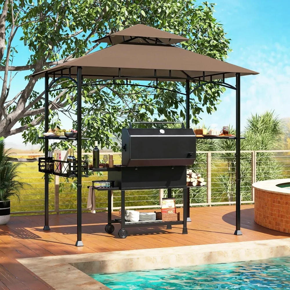 

8x5 Ft Grill Gazebo, 2-Tier Barbecue Gazebo with 2 Shelves, 20 Hanging Hooks, Bottle Opener & Storage Basket, Customized