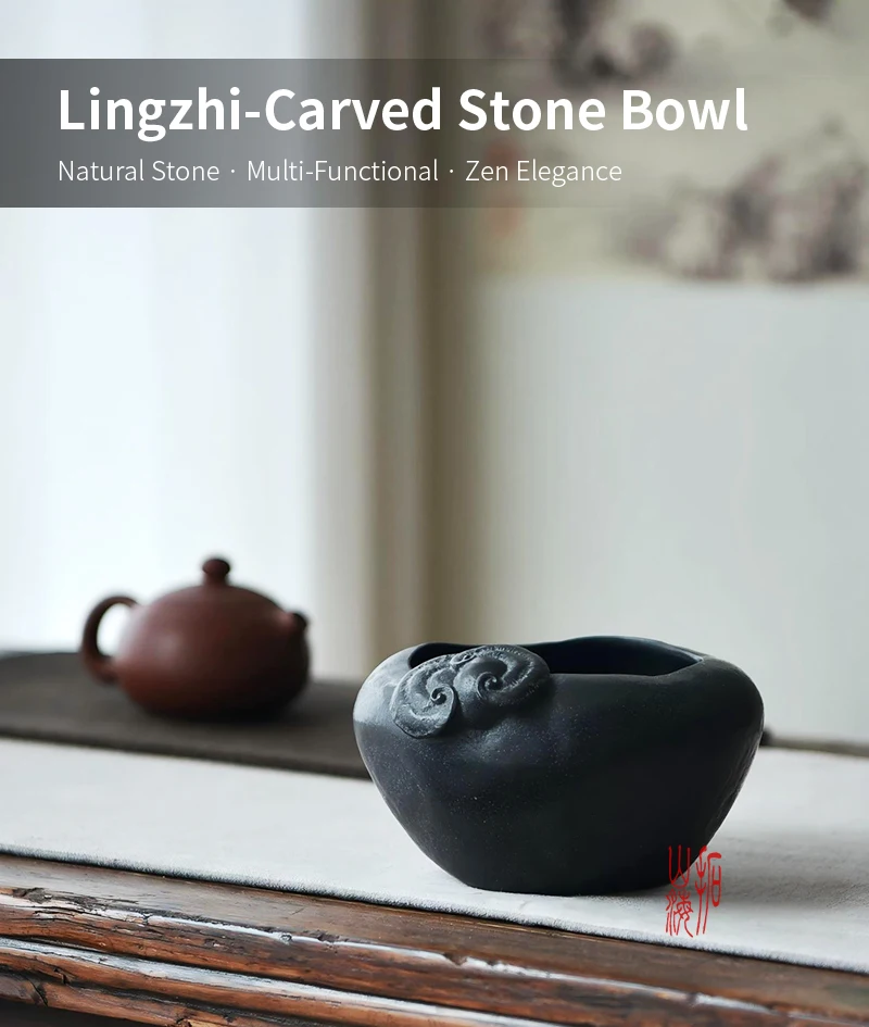 Schwarzer Goldener Steintopf Handgefertigtes Natürliches Basalt-Steinbecken Zen Heim-Garten-Dekor Geschenk für Teeliebhaber Teeraum Tee-Waschbecken 600ml – Detail 1