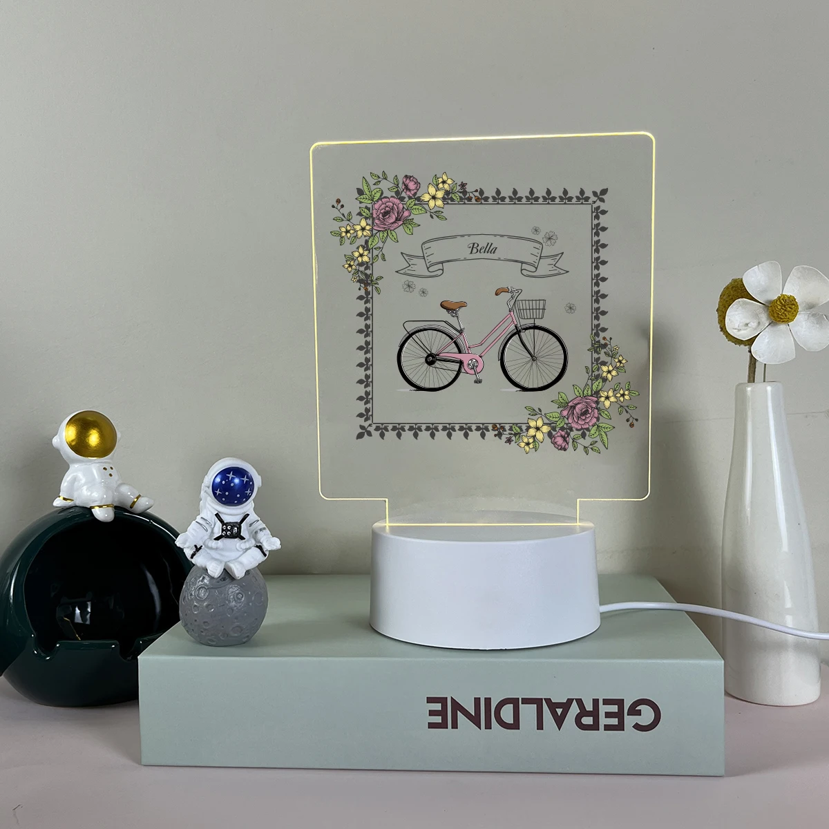 Luz Led nocturna con nombre personalizado para decoración de mesa y escritorio, lámpara acrílica Visual personalizada, regalo de Navidad, impresión UV de bicicleta de dibujos animados, 1 ud.