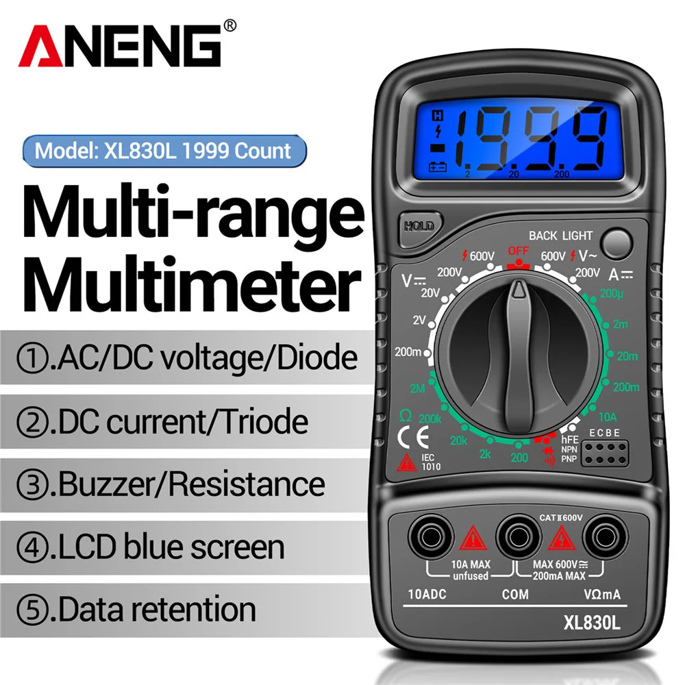 ANENG XL830L Multi-range Multimeter Digital 1999 Counts  AC/DC Voltage current Tester Resistance Buzzer Diode hFE Tester Tools