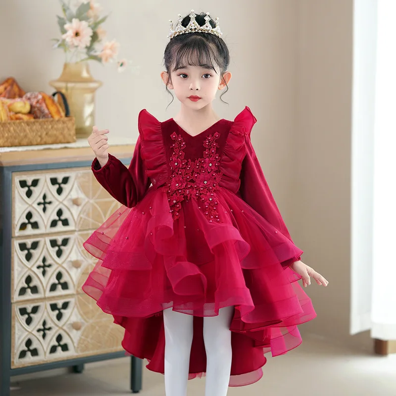 Red Appliques Long Sleeve Assymetrical Tiered Flower Girls Dresses Princess Special Occasion Custom Costume 2023