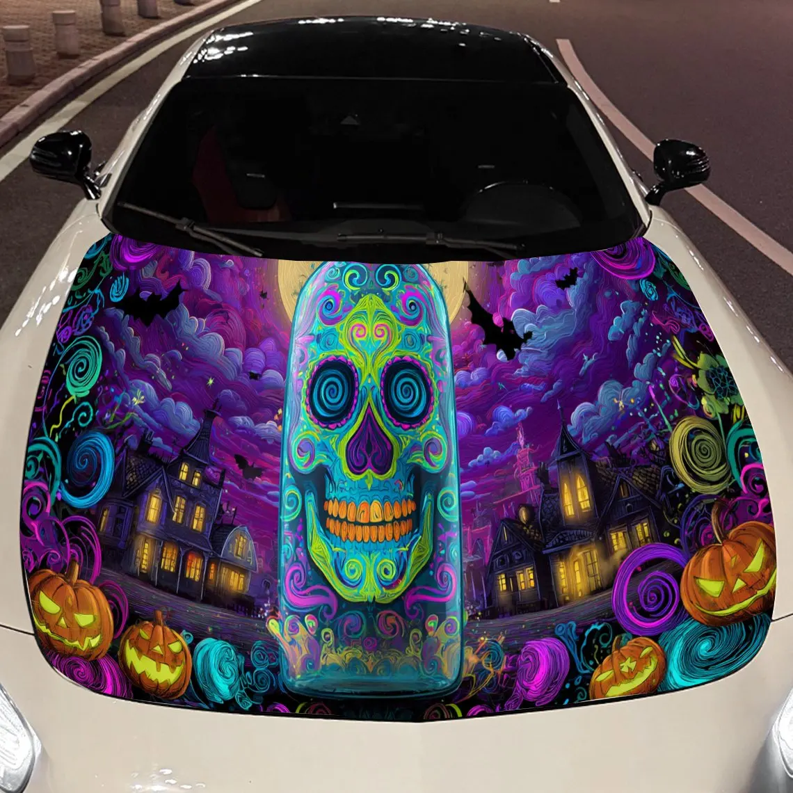 

Festive Sugar Skull Halloween Car Engine Hood Sticker, Auto Vinyl Wraps, Waterproof Self-adhesive Vehicle Decal, Durable & Anti-
