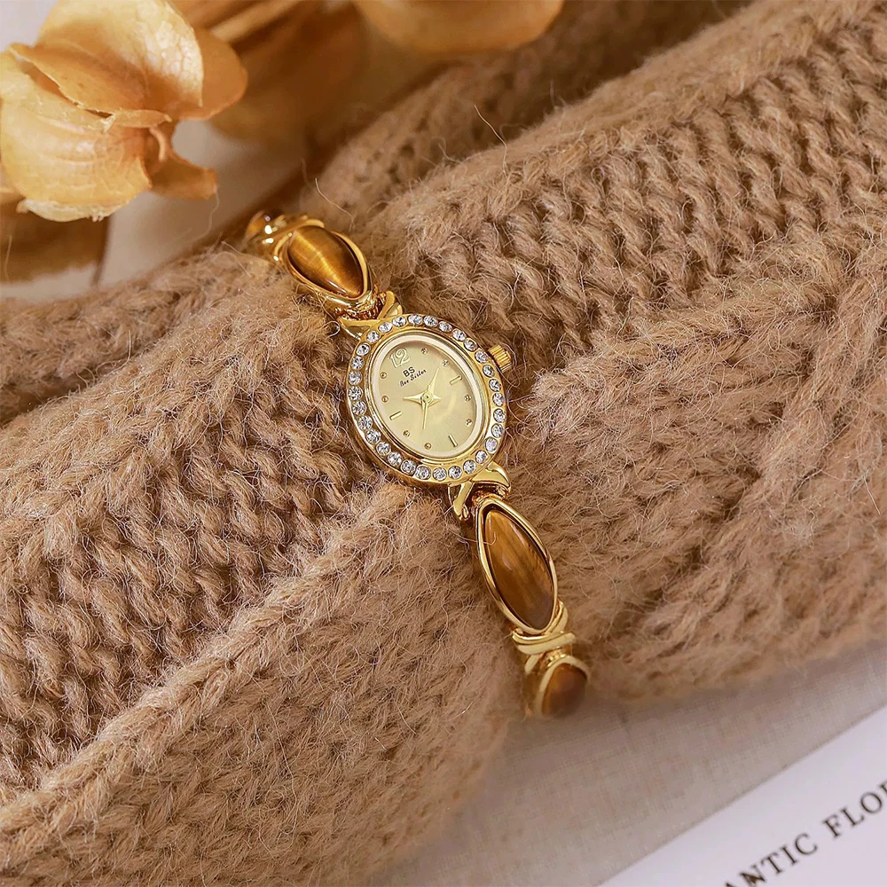 BS New Natural Tiger Eye Stone Chain Watch Ladies Elegant Waterproof Vintage Quartz Women Watches Clock Gifts