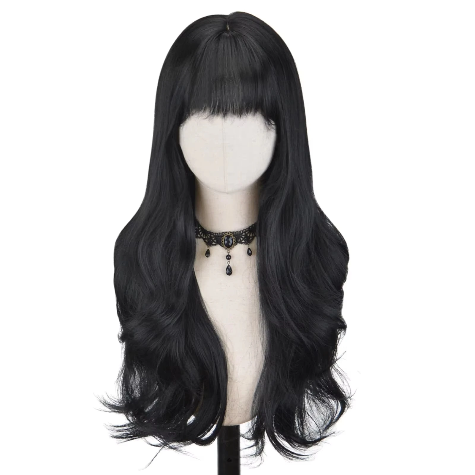 Black synthetic wig with big waves for party, Halloween cosplay, everyday use, high-temperature hair accessory