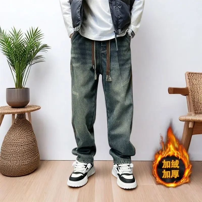 Washed Old Retro Blue Jeans Men's Autumn and Winter 2026 Velvet High Street Loose Straight Casual Pants Spliced Wide-leg Pants