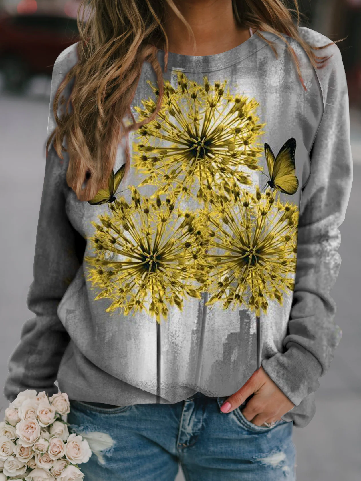 꽃무늬 스웨트셔츠 자연 풍경 그림 3D 프린트 여성 캐주얼 래글런 긴팔 풀오버 하라주쿠 탑 여성 의류