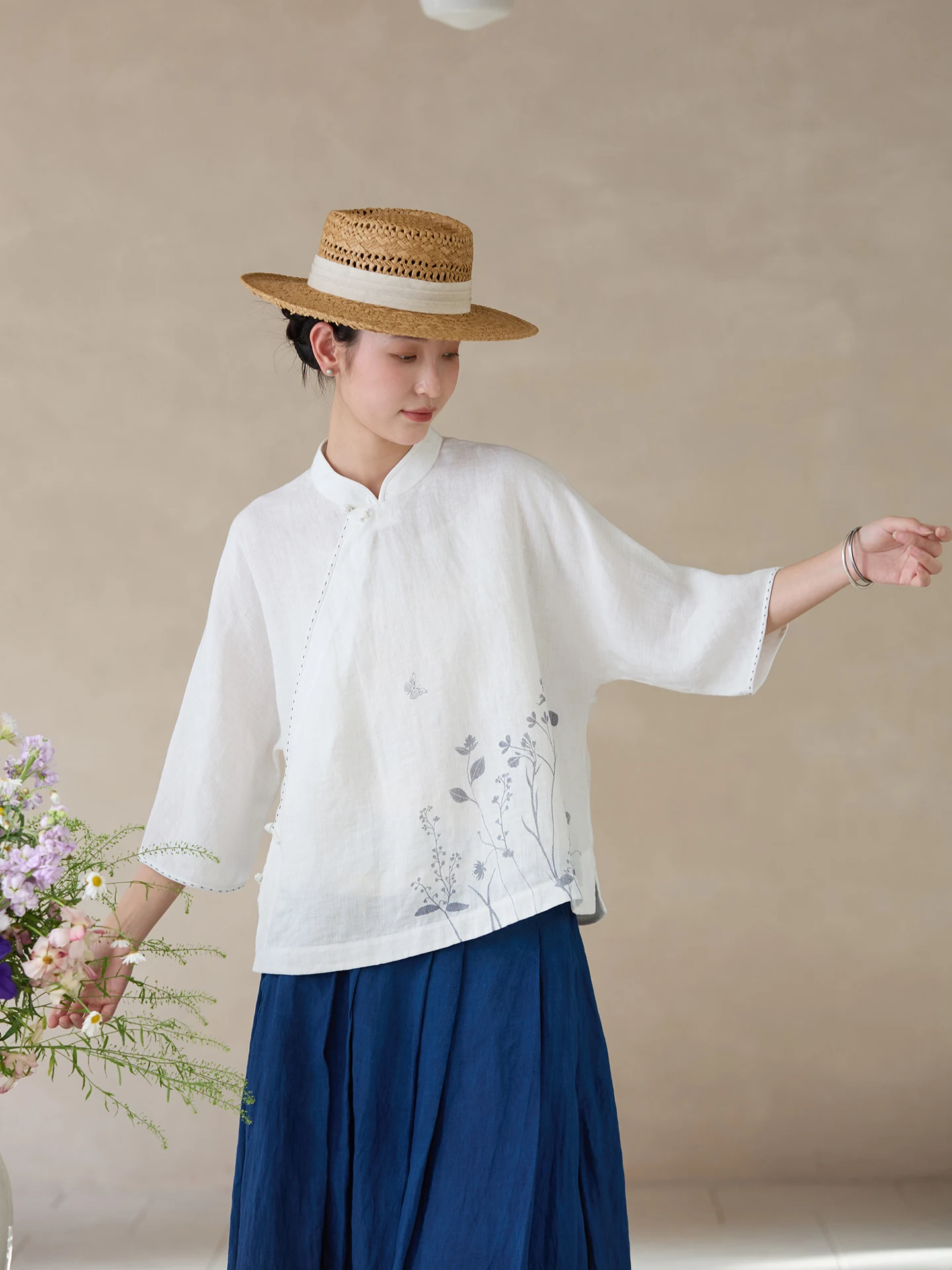 

Летний топ Longevi Luy Feather с оригинальной ручной вышивкой и шелкографией, воротник-стойка, китайский стиль