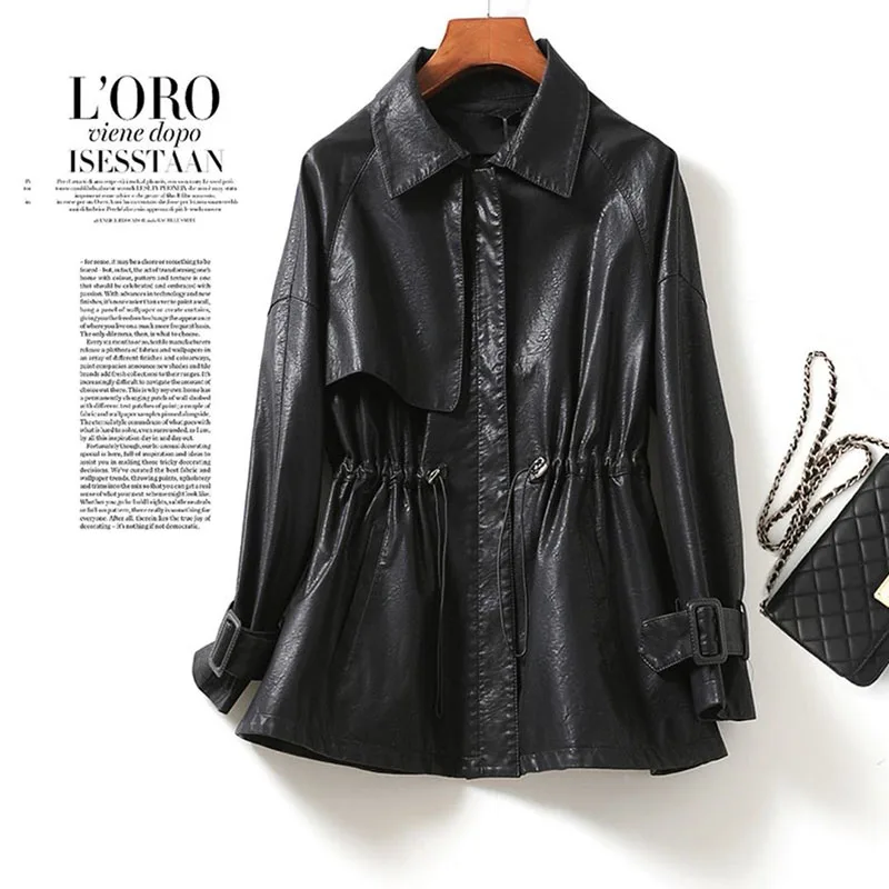 Trench in pelle di pecora per donna Cintura con lacci Capispalla in pelle crosta 2024 Colletto alla coreana Giacca da donna in pelle di agnello da donna