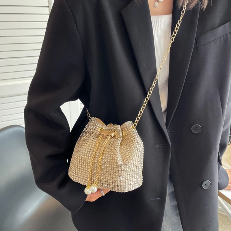 Stylish Rhinestone Bucket Bag Women Fashion Pearl Chain Crossbody Bag Female Solid Color Party Shopping Travel Shoulder Handbag