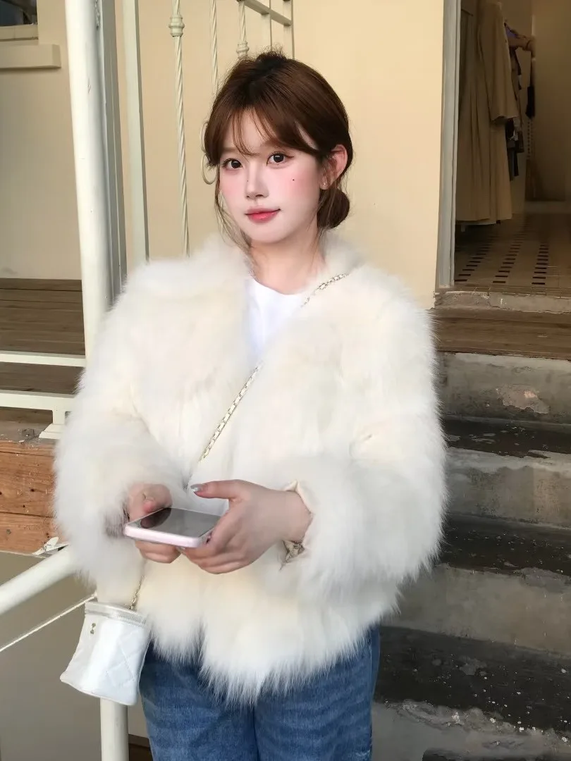 Abrigo de piel coreano Sle ort v-ne, prendas de vestir exteriores Faion para mujer, pelo sintético ecológico, abrigo de invierno de talla juvenil Jaet