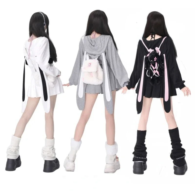 Harajuku Gothic Skirt Sets Women Rabbit Ear Hoodies Zipper Long Sleeve Jacket Coat Hooded Sweatshirts Autumn Two Piece Set 2023