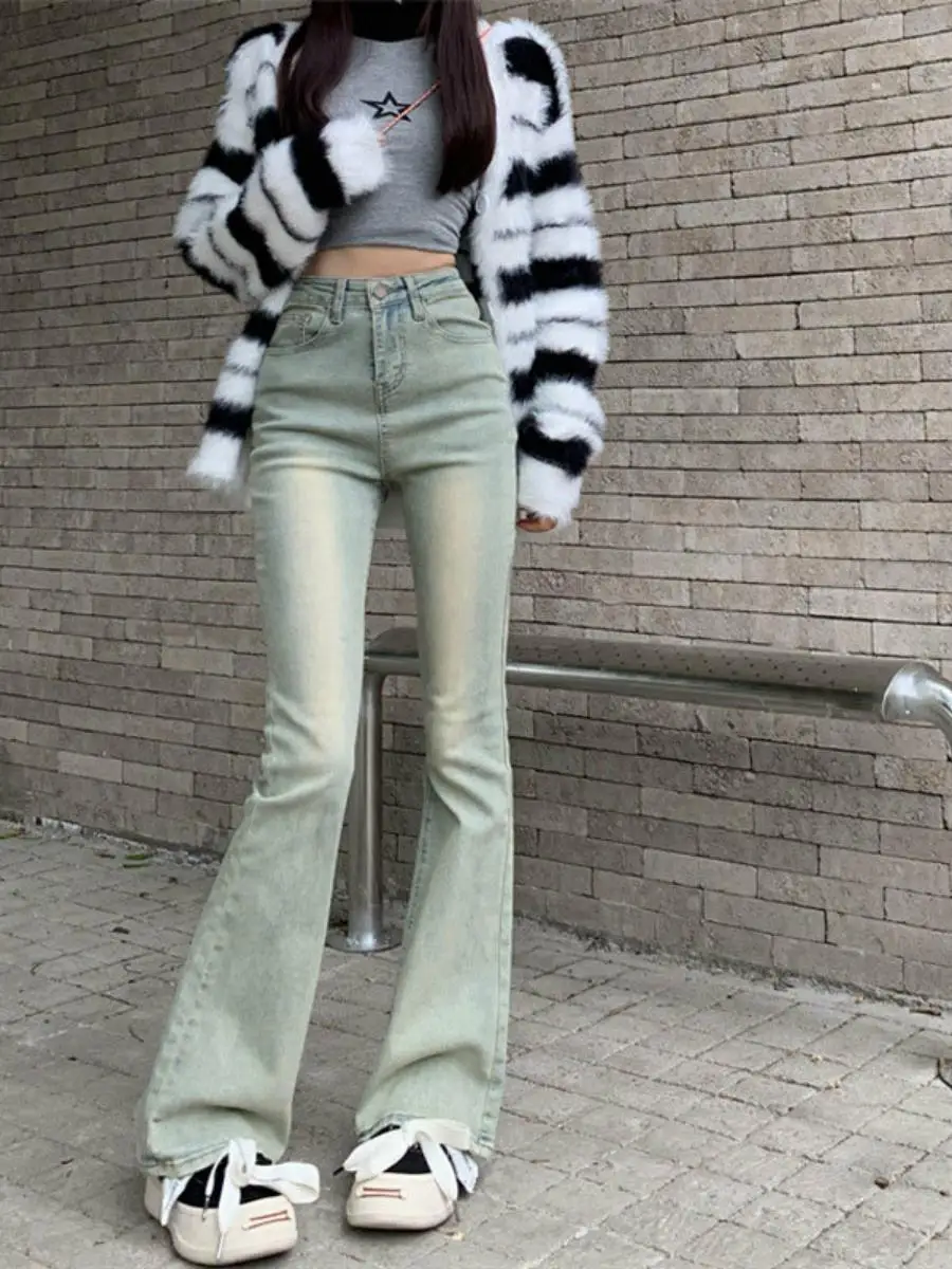 

Расклешенные джинсы с высокой талией, женские весенне-осенние облегающие эластичные брюки длиной до пола, прямые брюки в американском стиле