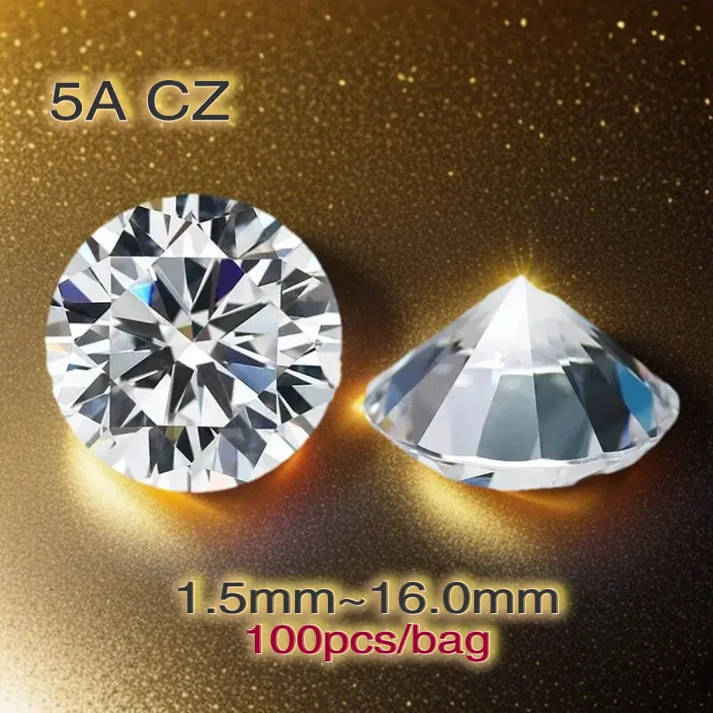 

100pcs/bag All Sizes(1.5~16mm) 5A Quality Round Cut White Cubic Zirconia Bead Stones Loose CZ Stone Synthetic Gems For Jewelry