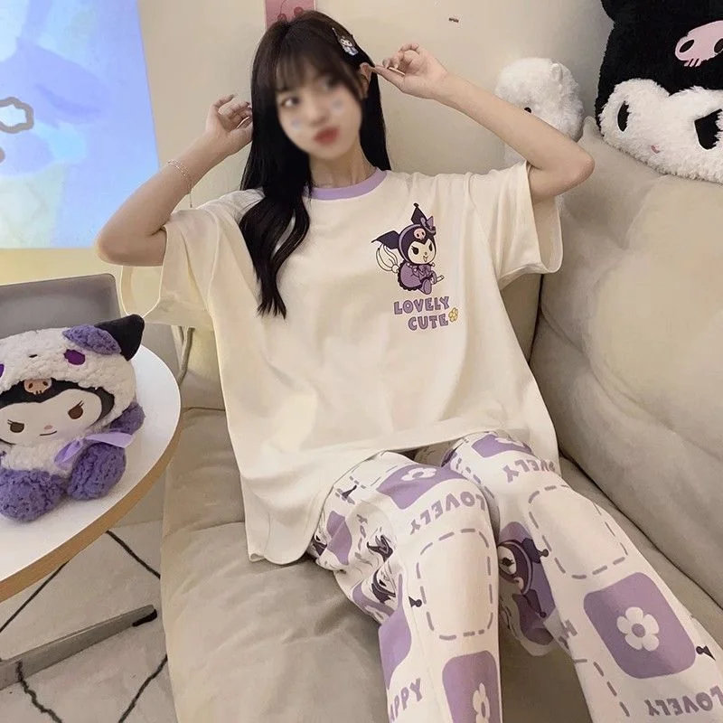 

Sanrio Kuromi School Pajamas Women's Sleeping Clothes Pants Short Sleeve Sleepwear Kawaii Cartoon Pijama Summer Set Home Clothes