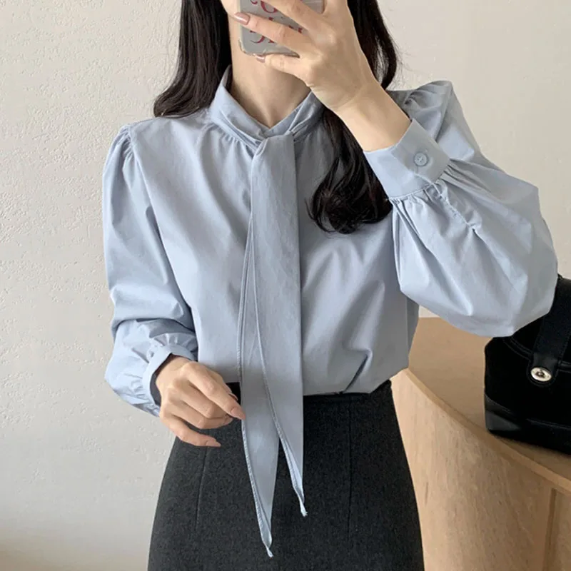 エレガントなリボン襟シャツ女性のための韓国のファッション女性服春女性ルーズブラウス長袖トップス Camisas デ Mujer