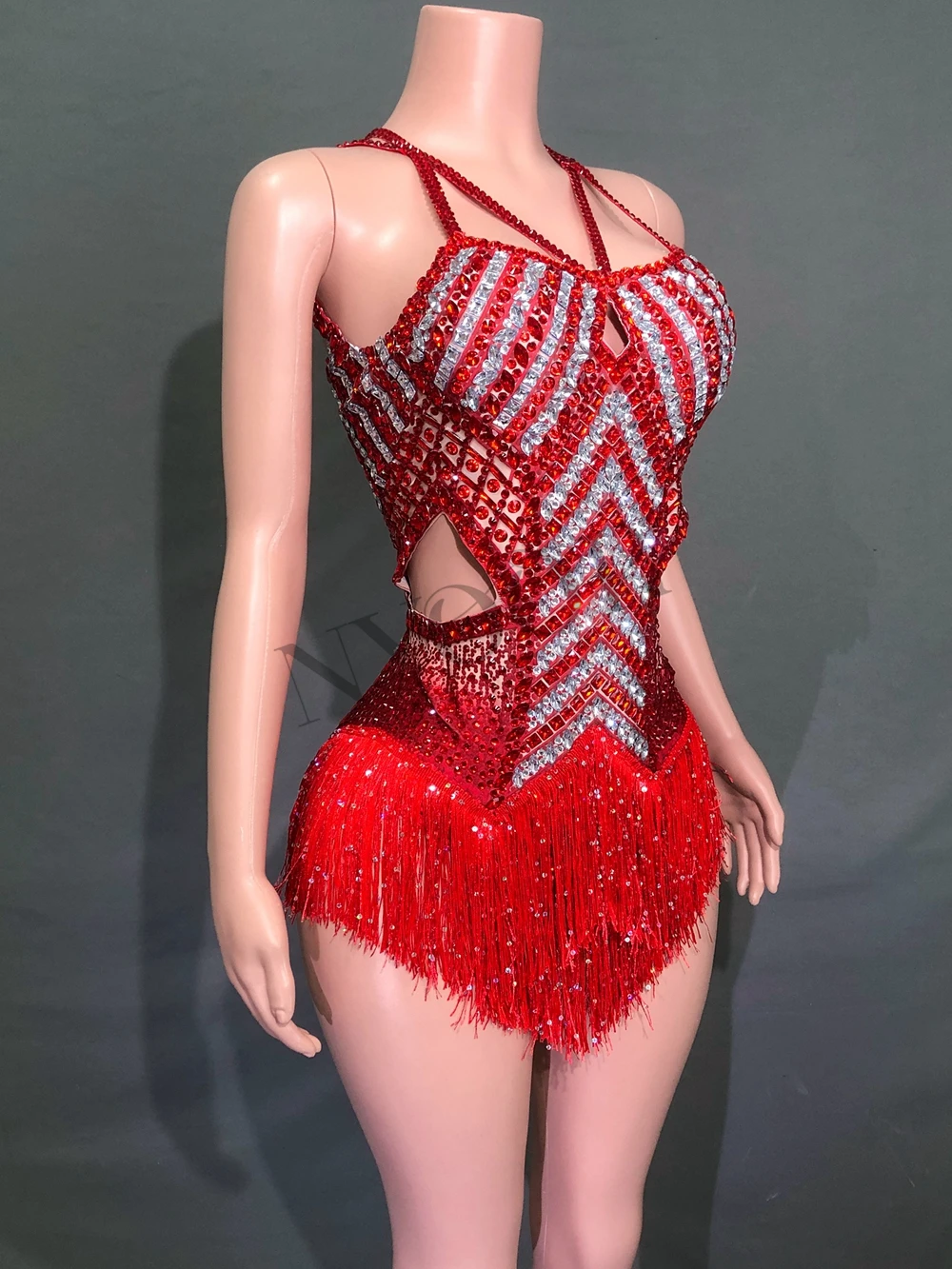 Błyszczące frędzle dżetów body seksowny kostium taneczny z dziurami strój do klubu nocnego piosenkarka tancerz strój sceniczny