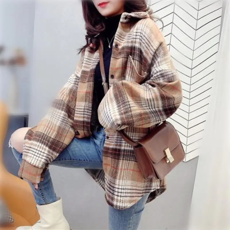 Women\'s Plaid Woolen Shirt Oversize Autumn Thick Warm Plaid Blouses and Shirts Winter Oversized Women Woolen Shirt Thicken D235