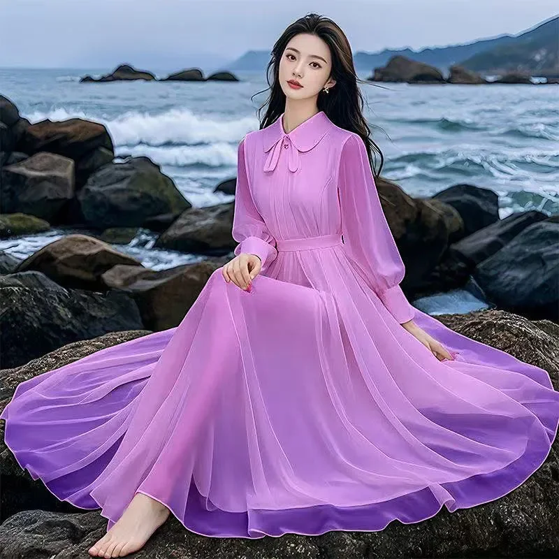 Vestido Maxi de Gasa Morado Ombre para Mujer, Manga Larga, Cuello Peter Pan, Casual, Fluido, para Playa