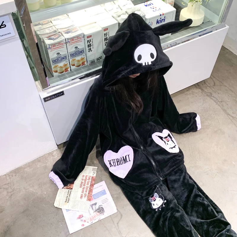 Miniso Halloween Style New Sanrio Kuromi Women\'s Black Homewear Two Piece Set Kawaii\'s Flannel Long Sleeve Pajama Set Gift