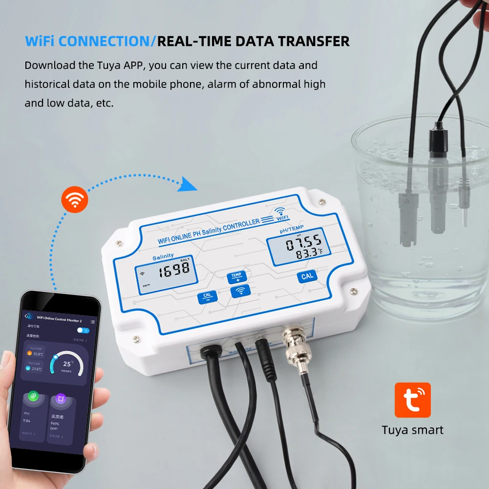 Imagem -04 - Wifi em Temp ph Salinidade Medidor Controlador de Água Salgada Seawater Tester Inteligente Tuya Remoto Monitor em Linha para Aquários Fishtan