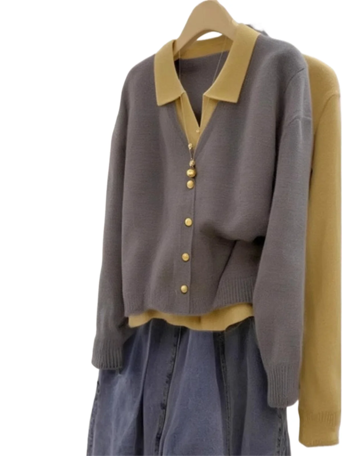 

Color Blocked Lapel Knit Sweater Women Spring Autumn Korean Style Two Gray Elegant Single Breasted Long Sleeved Top