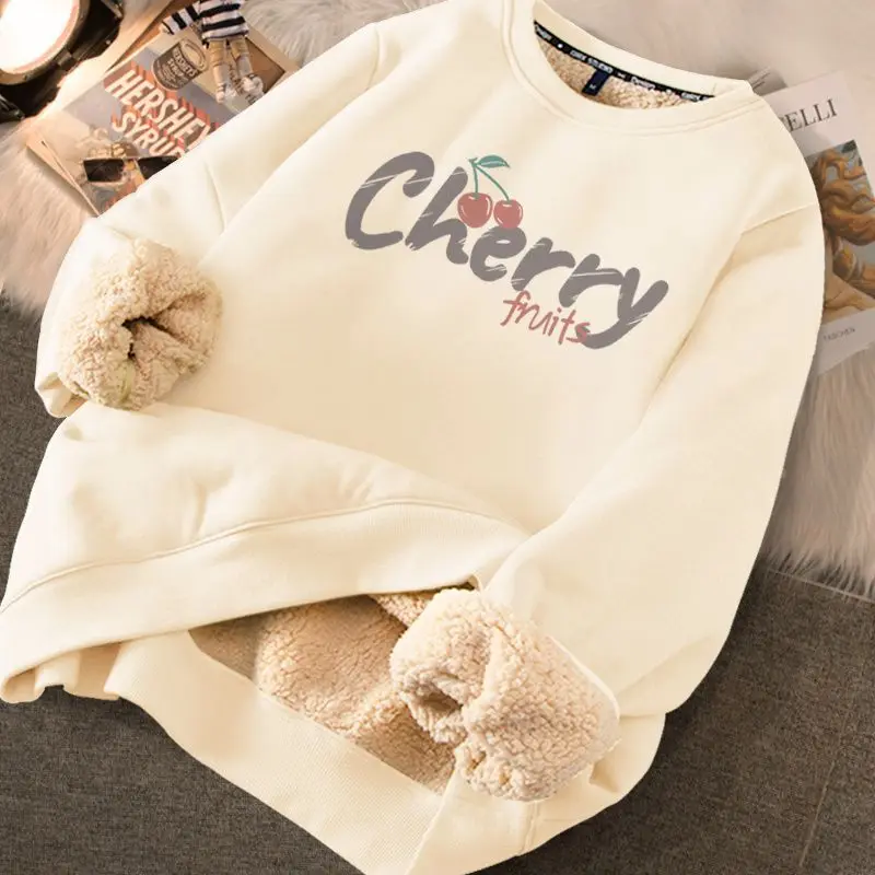 EVNISI Autumn Winter Women Printed Cute Fleece Warm Sweatshirts Lambswool Thicken Thermal Sweatshirts Women Loose Casual Hoodies