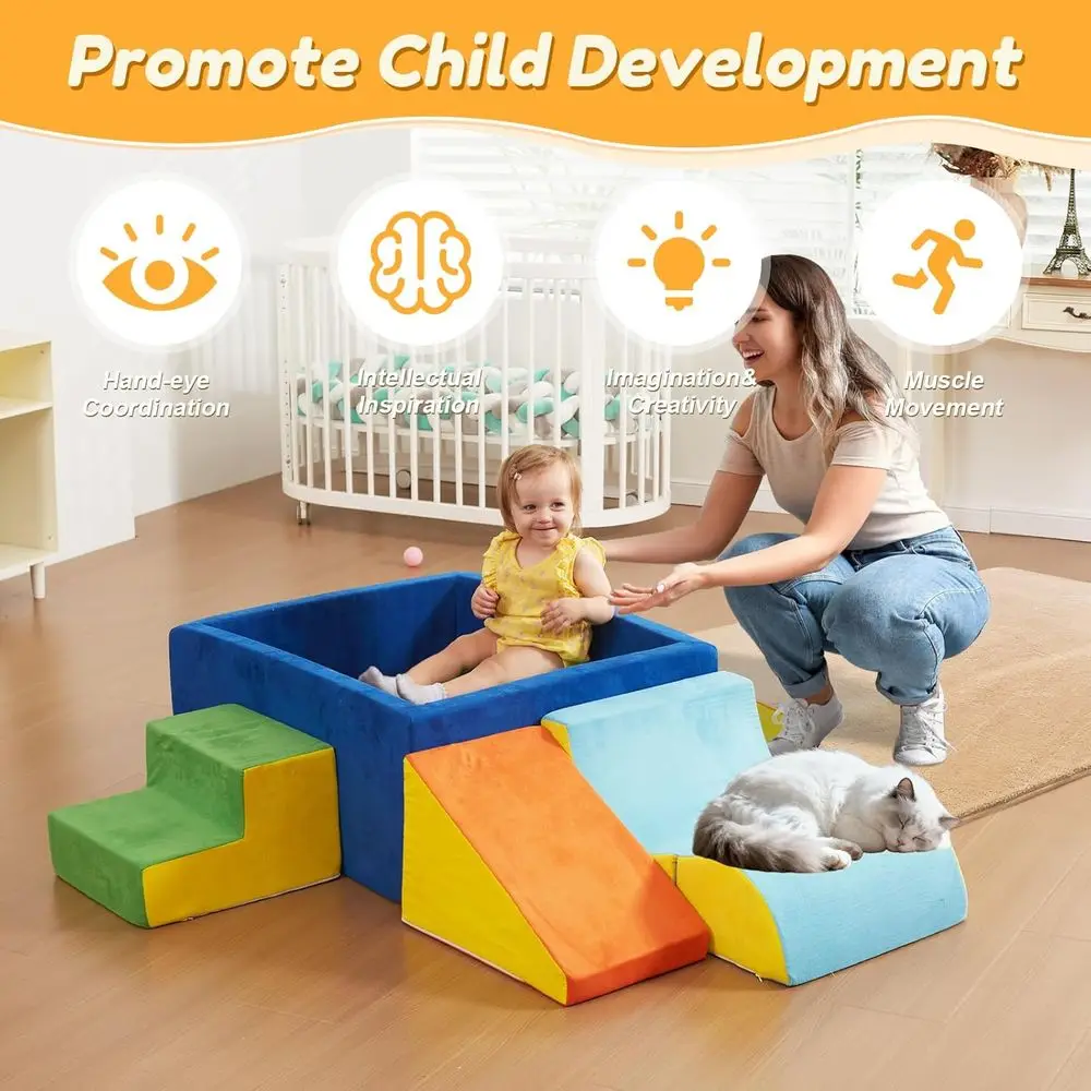 บล็อกโฟมนุ่มหลากสี 6 ชิ้น พร้อมบ่อบอลสำหรับเด็กเล็ก ชุดสนามเด็กเล่นในร่มเพื่อพัฒนาการเด็ก (ไม่รวมลูกบอล)