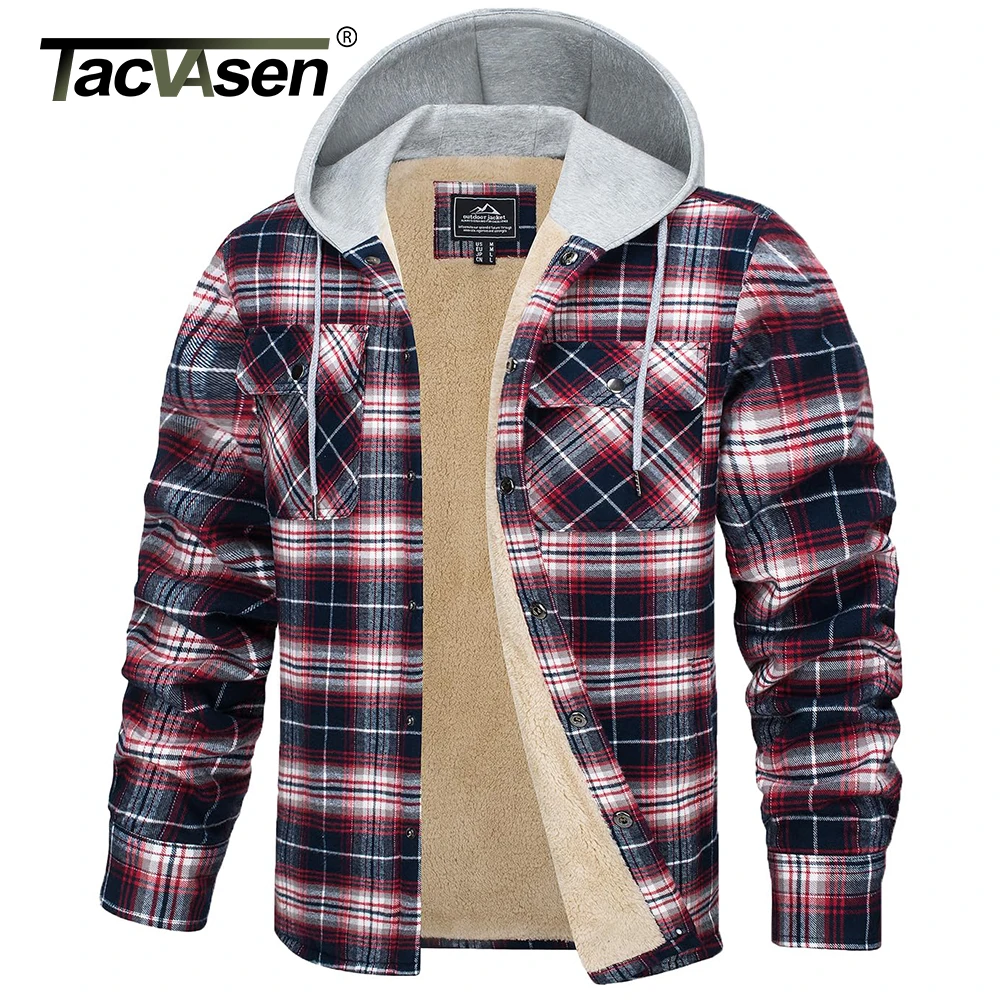 TACVASEN Men\'s Flannel Shirt Jackets Cotton Soft Fleece Lined Button Down Plaid Quilted Winter Hooded Coats Thick Hoodie Outwear