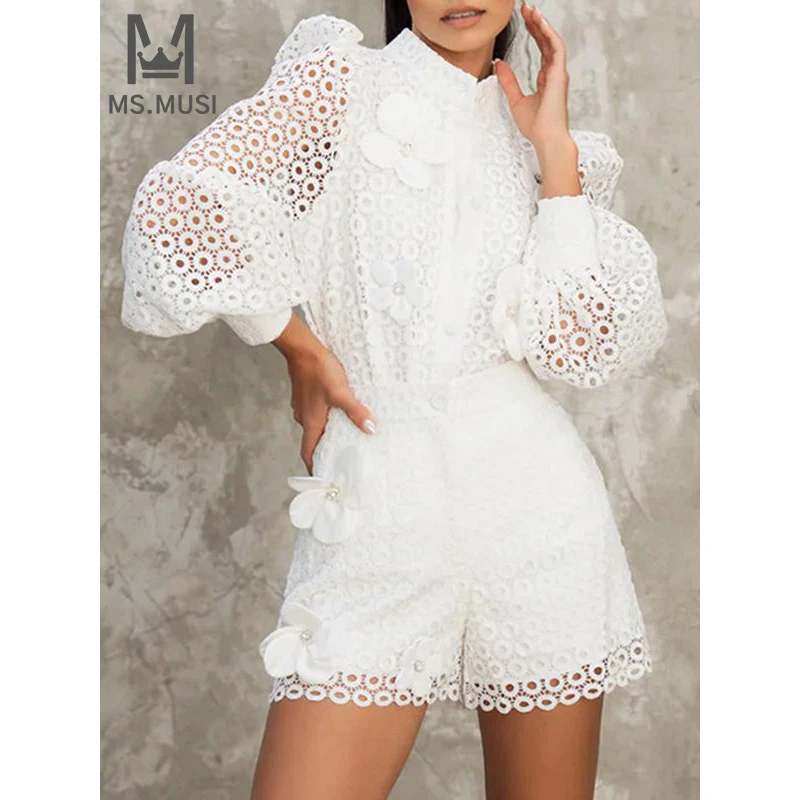 MSMUSI 2024 New Fashion Women Sexy Floral Diamond Lace Mesh Two Piece Set Bodycon Party Slim Long Sleeve Top Short Pant Set Suit