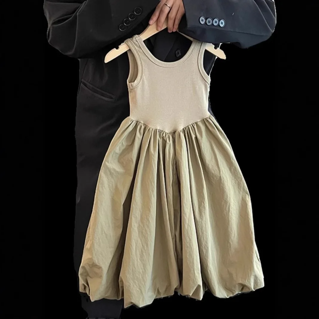Mädchenkleid, Sommer-Outfit, Patchwork, rückenfrei, ärmellos, Weste, Urlaub, Strandkleid, Temperament, einfarbig, Kinderkleidung