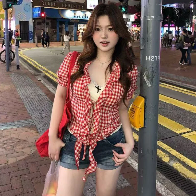Women's Y2K Short Sleeve Top Plaid Cardigan Shirt Blouses Casual Summer Tops Trend 2000s Streetwear view 3