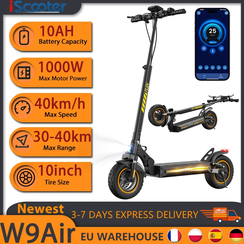 Trottinette électrique W9Air 1000W de puissance maximale, iScooter, pneus tout-terrain de 10 pouces, autonomie de 40 km, batterie 10Ah, vitesse de 40 km/h, pour adultes