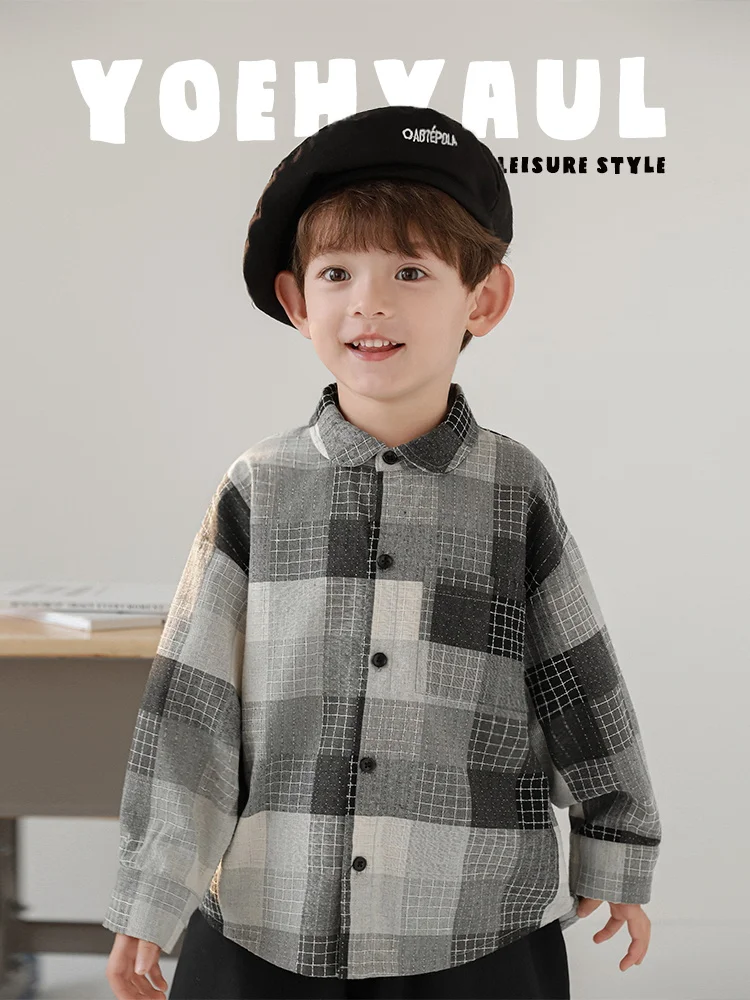 Boys' Lapel Black Gray Plaid Shirt Spring Children's Patchwork Loose Carrot Pants Two-piece Set