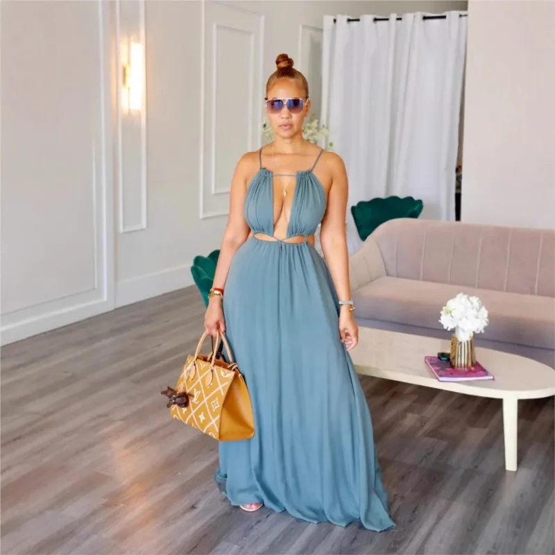 

Streetwear Backless Women's Dress 2026 Summer Solid Long Dresses Sexy Drawstring Lace Up Sleeveless Holiday Club Party Outfits