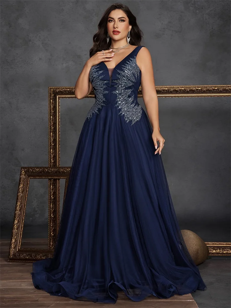 Plus Size Luxury Applique Sequins V-neck Evening Dresses Elegant Tulle Sleeveless Formal Wedding Party Cocktail Gowns